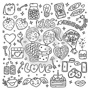 Set of Valentines Day elements. Vector hand drawn doodle