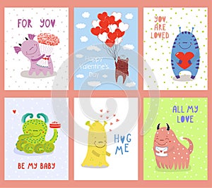 Set of Valentines day greeting cards with cute monsters