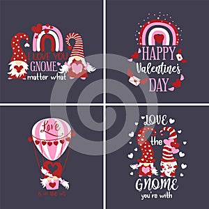 Set of Valentines Day greeting cards with cute scandinavian gnomes, rainbow, hot air balloon