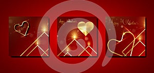 Set of Valentines Day square greeting cards. Elegant luxury set Happy Valentine`s Day greeting red card templates, Golden ornament
