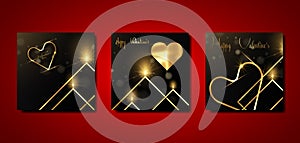 Set of Valentines Day square greeting cards. Elegant luxury set Happy Valentine`s Day greeting black card templates, Golden cards