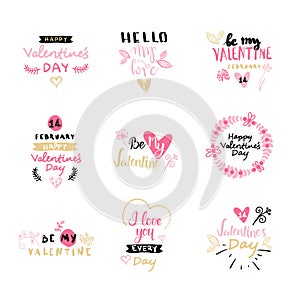 Set Of Valentines Day Typography Lettering Logo. Love Emblems Design With Hearts Hand Drawn Calligraphy Isolated