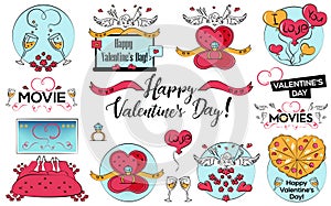 Set of Valentines Day Vector illustration in cartoon style, stiker, postcard, web cover, banner