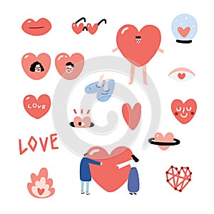 Set of Valentines hand drawn vector illustration with sunglasses,glass ball,man, girl,people hug,smiley. Heart character set.