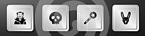 Set Vampire, Skull, Magic wand and Rabbit with ears icon. Silver square button. Vector