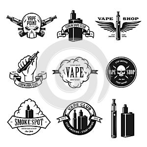 Set of vape, e-cigarette emblems, labels, prints and logos. Vector illustration.