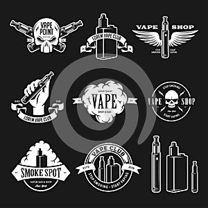 Set of vape, e-cigarette emblems, labels, prints and logos. Vector illustration.