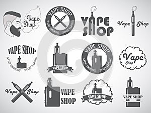 Set of vape, e-cigarette logo, emblems and badges isolated on white background