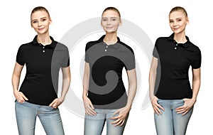 Girl in blank black polo shirt mockup design for print and template young woman in T-shirt front and half turn side view isolated