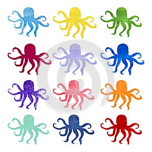 Set of varicolored watercolor hand drawn octopus