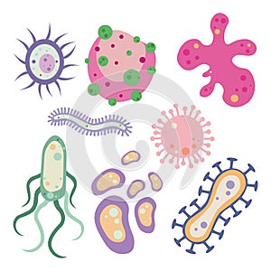 Set of lovely microbes from different form and types on white background. Vector illustration of cute and beautiful bacteria,