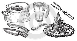 A set of varied cookware. Camping utensils. vintage illustration kitchen utensils