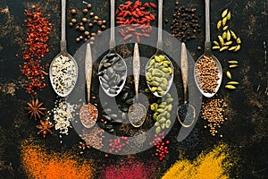 A set of varied seeds and spices in spoons on a dark background. Top view, flat lay. Multicolored spices