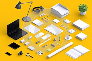 Set of variety blank office objects organized for company presentation