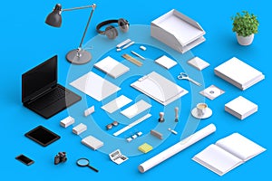 Set of variety blank office objects organized for company presentation