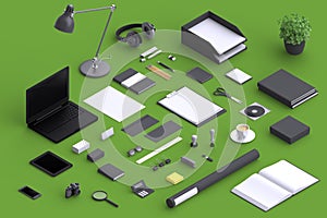 Set of variety blank office objects organized for company presentation