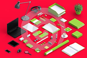 Set of variety blank office objects organized for company presentation