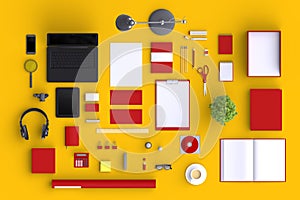 Set of variety blank office objects organized for company presentation or branding identity with blank modern devices.