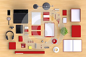 Set of variety blank office objects organized for company presentation or branding identity with blank modern devices.