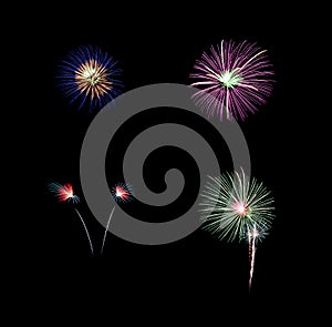 Set of variety colorful fireworks isolated on black background