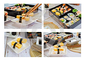 Set of variety sushi, Tamagoyaki, crabsticks sushi and maki in bento box served with soy sauce and wasabi. Delicious japanese food