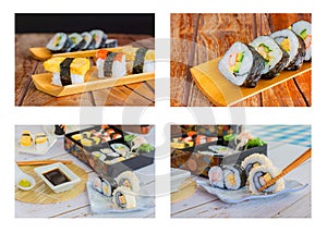 Set of variety sushi, Tamagoyaki, crabsticks sushi and maki in bento box served with soy sauce and wasabi. Delicious japanese food