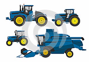 Set of various agricultural machinery. Tractors, harvester