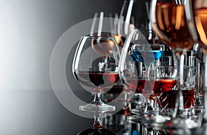 Set of various alcoholic beverages in glasses on a black reflective background