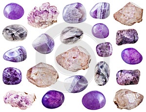 Set of various amethyst crystals and gemstone
