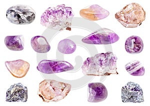 Set of various Amethyst gemstones isolated