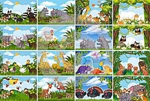 Set of various animals in nature scenes