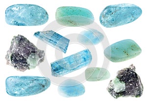 Set of various aquamarine blue beryl stones