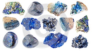 Set of various Azurite stones cutout on white