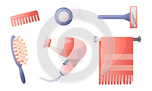 Set of various bathroom accessories hairdryer, hairbrush, dental floss, razor, towel. Vector illustration in a flat