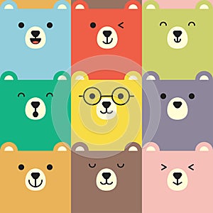 Set of various bear facial expression avatars. Adorable cute baby animal head vector illustration.