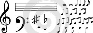 Un impostato composto da vari nero musicale icona isolato su sfondo bianco. vettore illustrazioni musica progetto. melodie melodie 