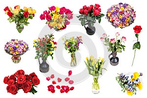 Set of various bouquet of flowers isolated