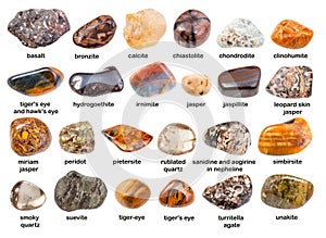 Set of various brown gemstones with names isolated