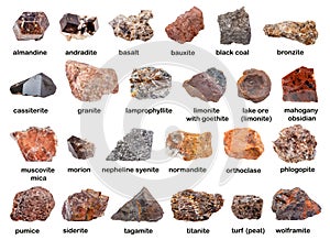 Set of various brown unpolished rocks with names