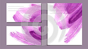 Set of various business cards, cutaways - abstract bright purple vector background, watercolor imitation, brush texture