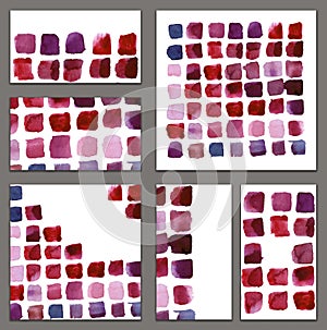 Set of various business cards, cutaways templates - abstract watercolor of bright red, pink and lilac strokes