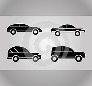 Set of various cars side view transport vehicle, silhouette icons on gray background