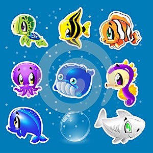 Set of various cartoon sea animals collection