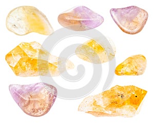 Set of various Citrine gemstones isolated on white