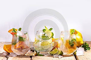 Set of various citrus lemonades mojitos