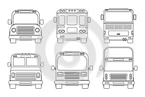 Set of various city bus. Front and back view. Outline vector illustration isolated on white.