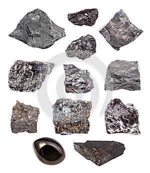 Set of various Coal rocks isolated on white