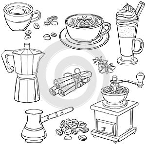 Set with various coffee drinks and coffee makers
