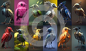 Set of various colorful bird robots. Vertical backgrounds for mobile phone