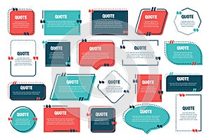 Set of various colorful isolated quote frames. Speech bubbles with quotation marks. Blank text box and quotes. Blog post